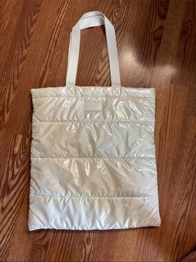 Bath and Bodyworks Iridescent White Puffer Tote Bag with Shoulder Straps.